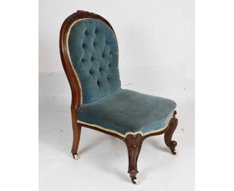 Victorian mahogany show-frame button back salon chair, upholstered in turquoise velvet fabric, 40cm (seats widest point) x 81