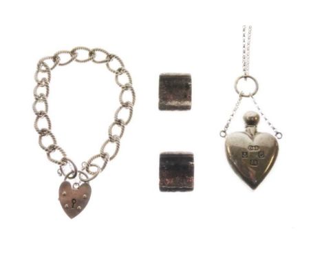 Silver heart-shaped scent flask with belcher-link chain as pendant, together with a curb-link bracelet with padlock, and pair