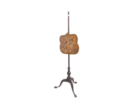A Victorian 19th century mahogany embroidered tapestry pole fire screen having floral &amp; foliate embroidery with cockerel 