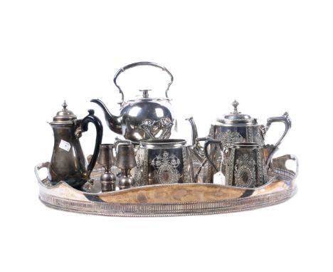 A large collection of silver plated wares - hollow ware to include gallery edge salver tray, teapot, hot water jug, tea servi