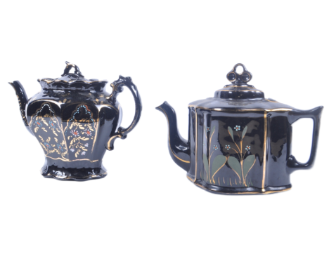 A 19th century Victorian folk / tole ware teapot&nbsp; with black ground and gilt flashworked decoration. Together with anoth