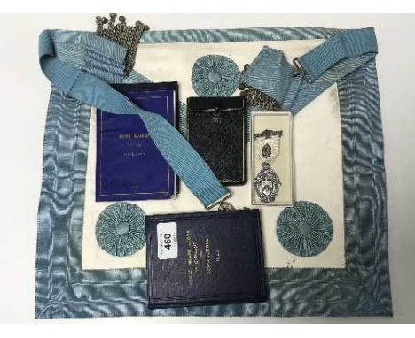 A freemason's apron together with a United Lodge 1926 book, silver medal etc 