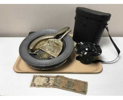 A tray of ship's compass, plated hearth brush and shovel, bank notes, binoculars in case, one volume - Atlas of anatomy etc 