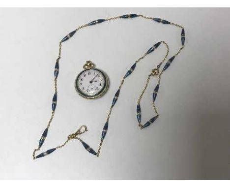 Superb quality 18ct fob set champleve enamel and diamonds with matching 18ct enamel necklace set with pearls