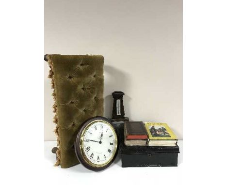 An oak wall barometer, wall clock, metal deed box with key, duet footstool and three antiquarian volumes inc. The Life of Bun