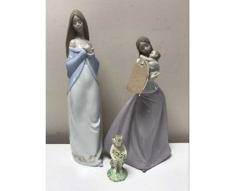 Two Nao figures - Lady with blue wrap, mother with child and an antique pottery figure - Cherub