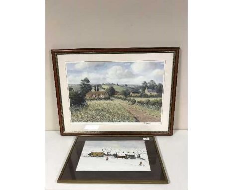 A collection of eight framed pictures and prints including an oil - Figures in  Winter landscape, signed John J Kerr limited 