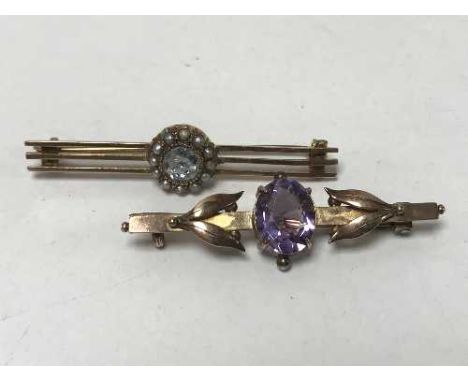 Two nice quality antique brooches, one set with aquamarine and pearl and the other with amethyst