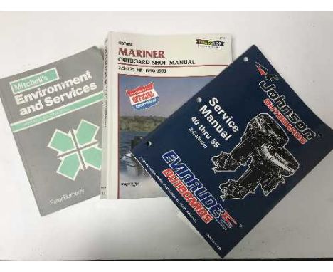 A box of books on gardening , photography, Johnsons outboard motor's service manual 