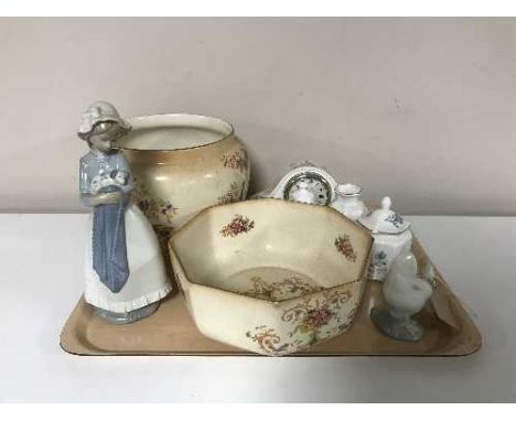 A tray of Aynsley mantel clock, Aynsley Little Sweetheart and Wild Tudor china, Nao goose, Nao girl, Crown Ducal planter and 