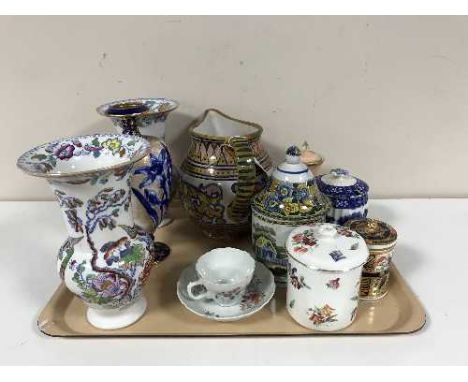 A tray of pair of Masons floral pattern vases, Royal Doulton tubular vase, Italian pottery jug, lidded pots etc 