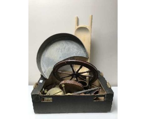 Two boxes of part wooden spinning wheel, copper and brass, rolling pin etc 