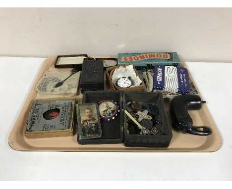 A tray of view master slides, carved hardwood boxes, costume jewellery, pocket watch, Queen Elizabeth medal, carved ebony wal