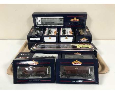 A tray of fourteen boxed Bachmann branch line OO gauge engines and wagons 