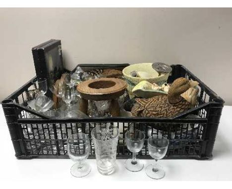Three boxes of china, glass and pottery including a large Spanish wall plaque, Sylvac ornament, 1970's lamp, chamber pot etc 