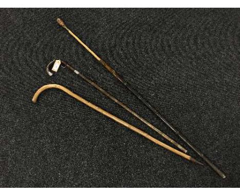 An antique horse measuring walking stick together with two other walking sticks