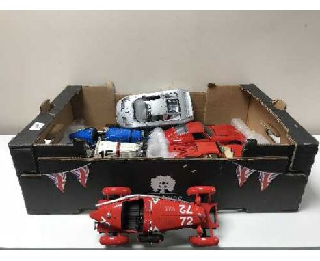 A box of seven large scale die-cast vehicles, Racing cars