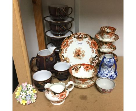 A Denby Shiraz pattern jug, breakfast cups and saucers, others; a Staffordshire blue and white three handled vase; a 19th cen