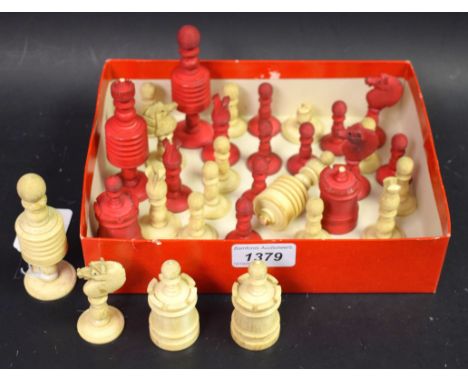 A 19th century  turned bone chess set ,  stained red and natural, the kings 9.5cm high, c.1880