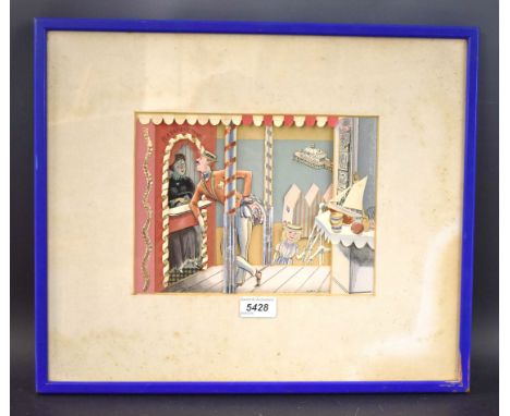 An early 20th century novelty seaside paper diorama, with a gentleman in a boater making inquiries at the Sea Ticket booth, t