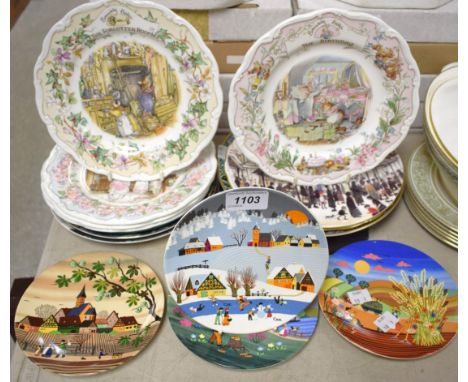 A set of five Royal Doulton Brambly Hedge collector's plates; others Poole; Lowry print; Royal Crown Derby; Wedgwood basalt t