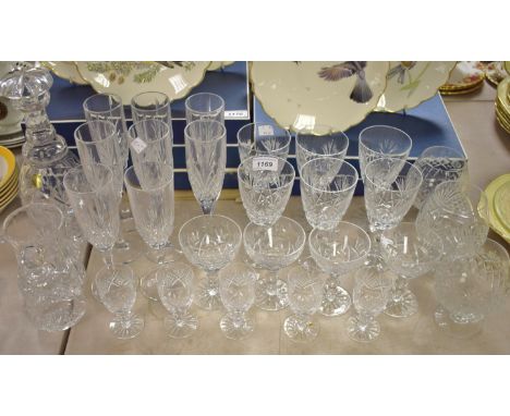 Glassware - a Tutbury crystal decanter;  a set of six wine glasses, others Champagne flutes, etc, qty