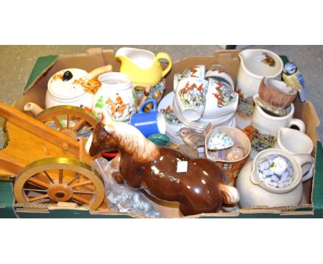 Ceramics - a Keele hunting teapot, milk jug and sugar; Cottage ware jug; Continental model birds; iridescent mushroom glass p