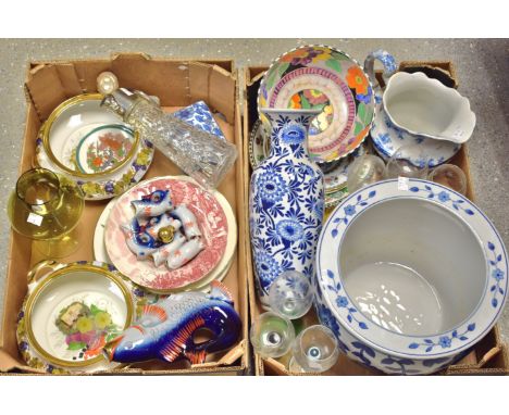 Ceramics and Glass - A Malin art deco fruit bowl hand painted with primroses;  a Victorian blue and white water jug;  other c