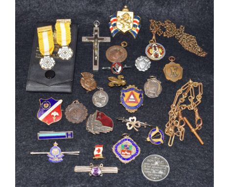 Costume Jewellery - enamel badges, some silver medallions; amethyst set bar brooch; others, some military, qty