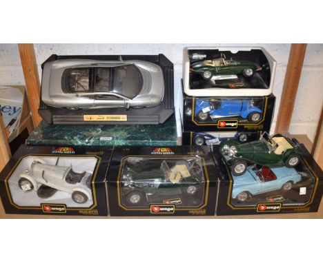 Model Cars - a Maisto 1:12 scale Jaguar, boxed; others, Burago diecast 1:18 scale, sports cars, five boxed (8)