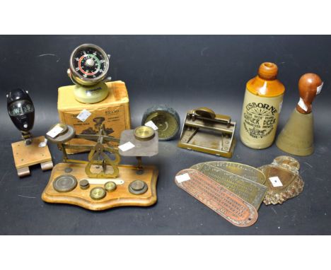 Boxes and Objects - Post Office scales with weights;  a Hull MFG Company dashboard compass;  a Bowmonk brakemeter-dynometer; 