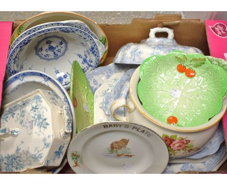 A Carltonware leaf dish; another; a set of graduated meat plates and accompanying vegetable dish and cover; another; a Minton
