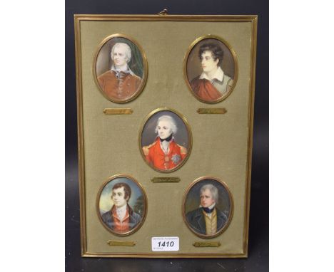 Continental School (20th century), a set of five portrait miniatures, William Pitt, Lord Byron, Admiral Nelson, Robert Burns 