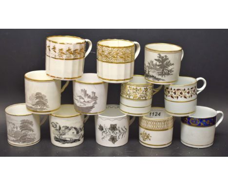 A Spode coffee can, decorated in monochrome with sheep and figures, gilt dentil rim, pattern 1922;  others;  two Derby fluted