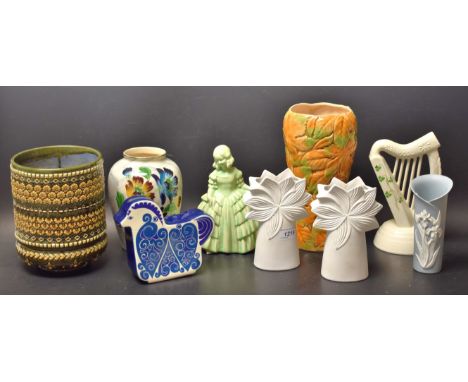 A Doulton Lambeth cylindrical vase; a Sylvac vase; a pair of Kaiser porcelain vases; others, an Irish porcelain model harp, d