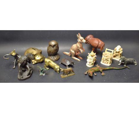 A bronzed model of an owl; other animal models, brass pig, salamander, monkey, tortoise, resin netsuke type models; others; q