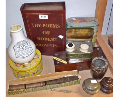 Boxes and Objects - a ceramic improved inhaler; propelling pencils; a 1937 coronation pen knife; a quantity of pre decimal co