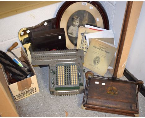 An adding machine; a carpet sweeper; a mincer; a mirror; a print; camera; binoculars; sheet music; first aid box; qty