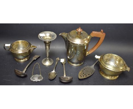 Silverplate - an Art Deco three piece tea set comprising teapot, milk jug and sugar bowl; a trumpet vase; sauce ladles; etc, 