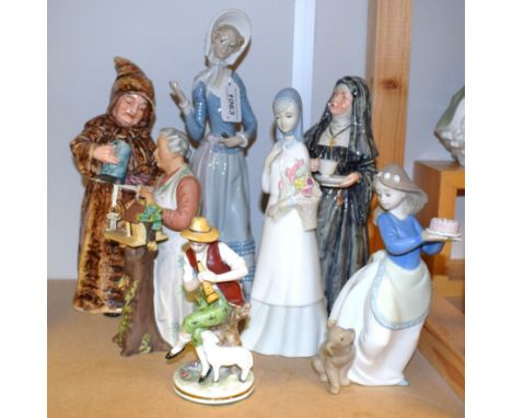 A Lladro figure of a lady, without parasol; a Nao figure, girl with cake; Royal Doulton, Good Morning, 2671; others