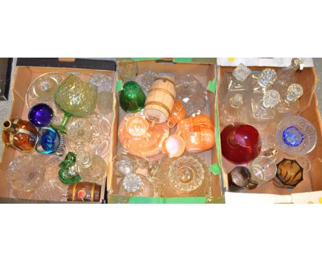 Glassware - a Victorian cut glass onion decanter; another; pressed glass cake stands; vases; etc.; quantity