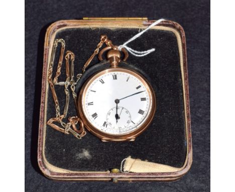 A 9ct rose gold open faced pocket watch, marked 375, top winder, white enamel dial, Roman numerals: a fancy link fob chain en