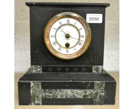 A French slate mantel clock, white enamel dial, Roman numerals