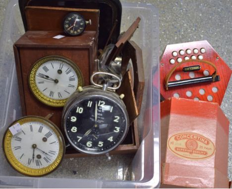 Boxes and Objects - A German concertina, boxed;  a Wehrle three-in-one alarm clock;  a Smiths dashboard clock;  various clock