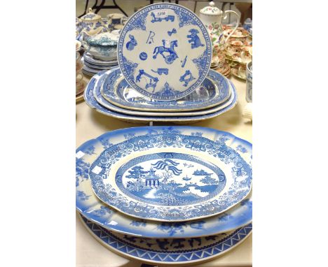 Ceramics - A Davenport blue and white willow pattern meat plate;  others similar;  a Spode Edwardian Childhood pattern servin