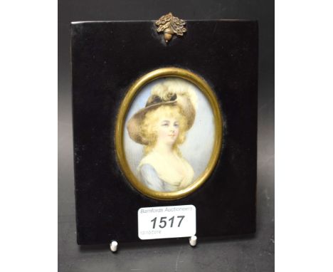 English School, 19th century, a portrait miniature, on ivory, of a lady wearing a blue dress and feathered bonnet, on ivory, 