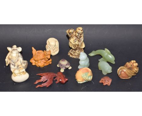 A resin netsuke type figure of an elder; others similar; jadeite netsuke figures, dolphin, cat, others; qty