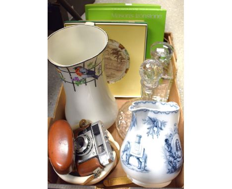 An interesting Victorian Staffordshire water jug, transfer printed in blue and white with a portrait of Harriet Beecher Stowe