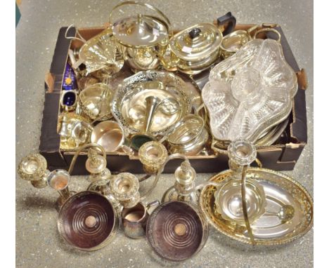 Silver plate - a Mappin and Webb teapot; wine coasters; candelabra; cruet set; trays; serving dishes; etc