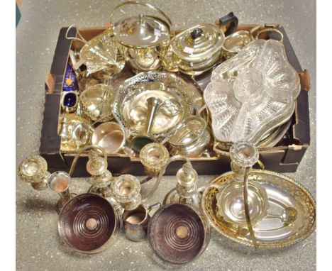 Silver plate - a Mappin and Webb teapot; wine coasters; candelabra; cruet set; trays; serving dishes; etc